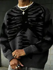 Men's Casual Round Neck Pullover Sweater, Skull Pattern Knit Top, Loose Fit Long Sleeve, Comfortable Lightweight, Fall & Winter Wear