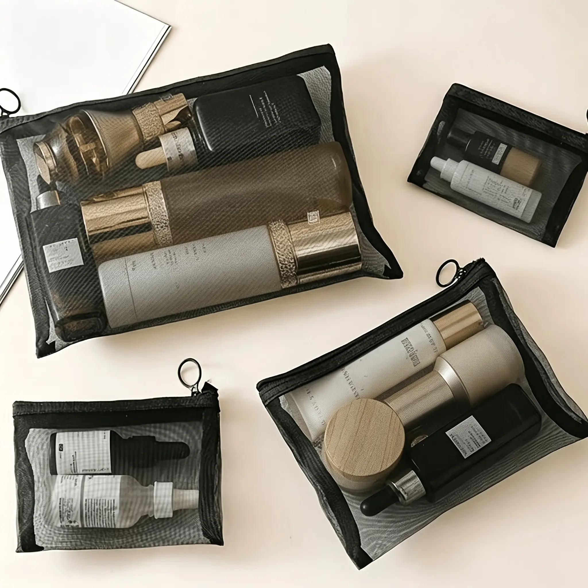 4pcs Transparent Mesh Cosmetic Storage Bags, Large Capacity Organizer Pouch, Portable Lightweight Toiletry Holder, Simple Design