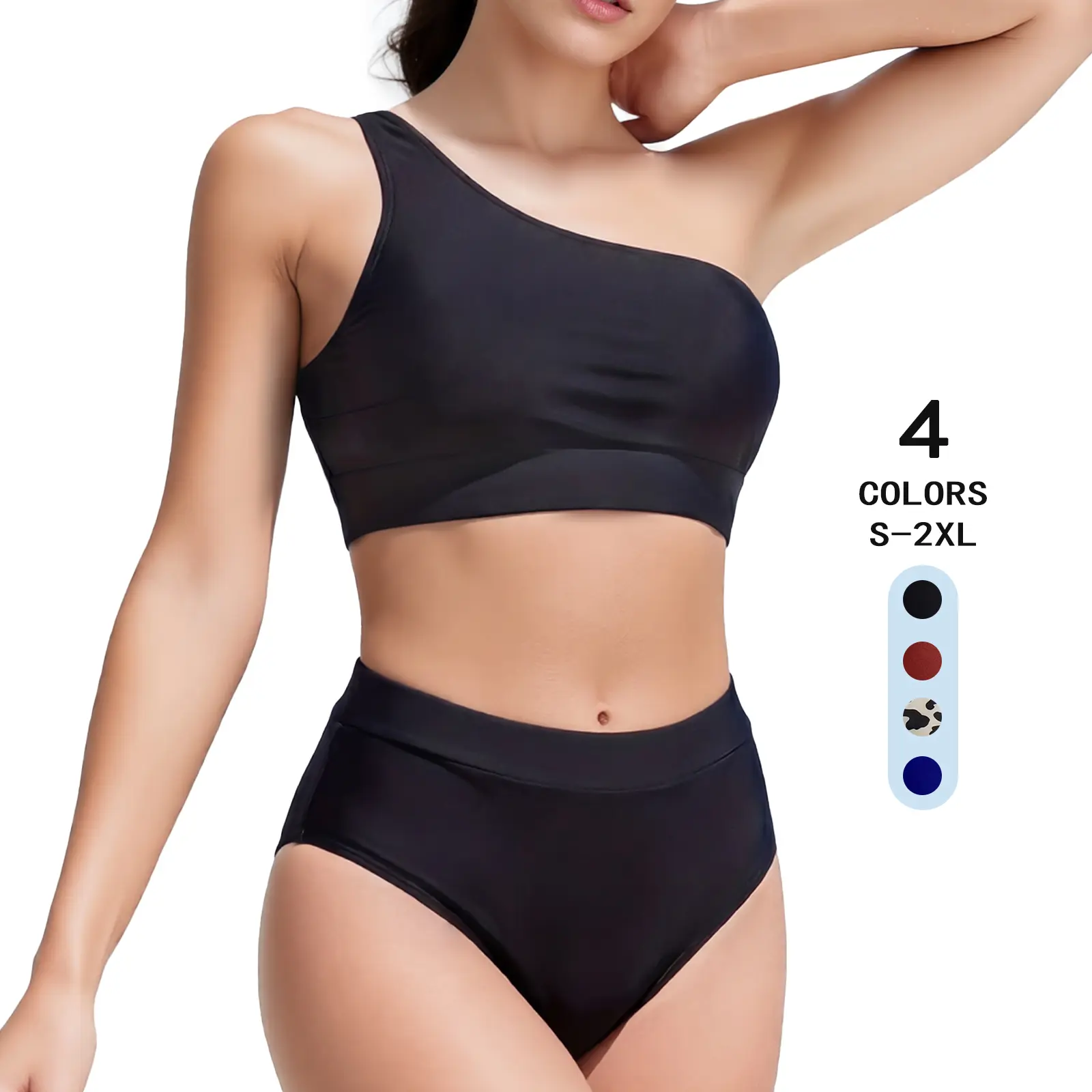 Women's 2-Piece Solid Color Bathing Suit - 1-Shoulder Asymmetrical Athletic Crop Top, High-Waist Tummy Control Swim Bottom, Swimsuit for Women for Beach, Surf & Water Sports, Bathing Suits Summer Fit Bikini Getaway Bikini Set