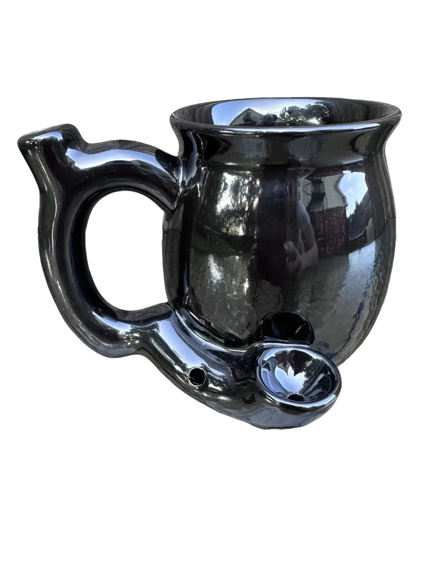 Handmade Glazed Ceramic Novelty Coffee Pipe Mug - Black, Collectibles, Dishwasher Safe Washable Drink Cup for Coffee Bar Decor, Display