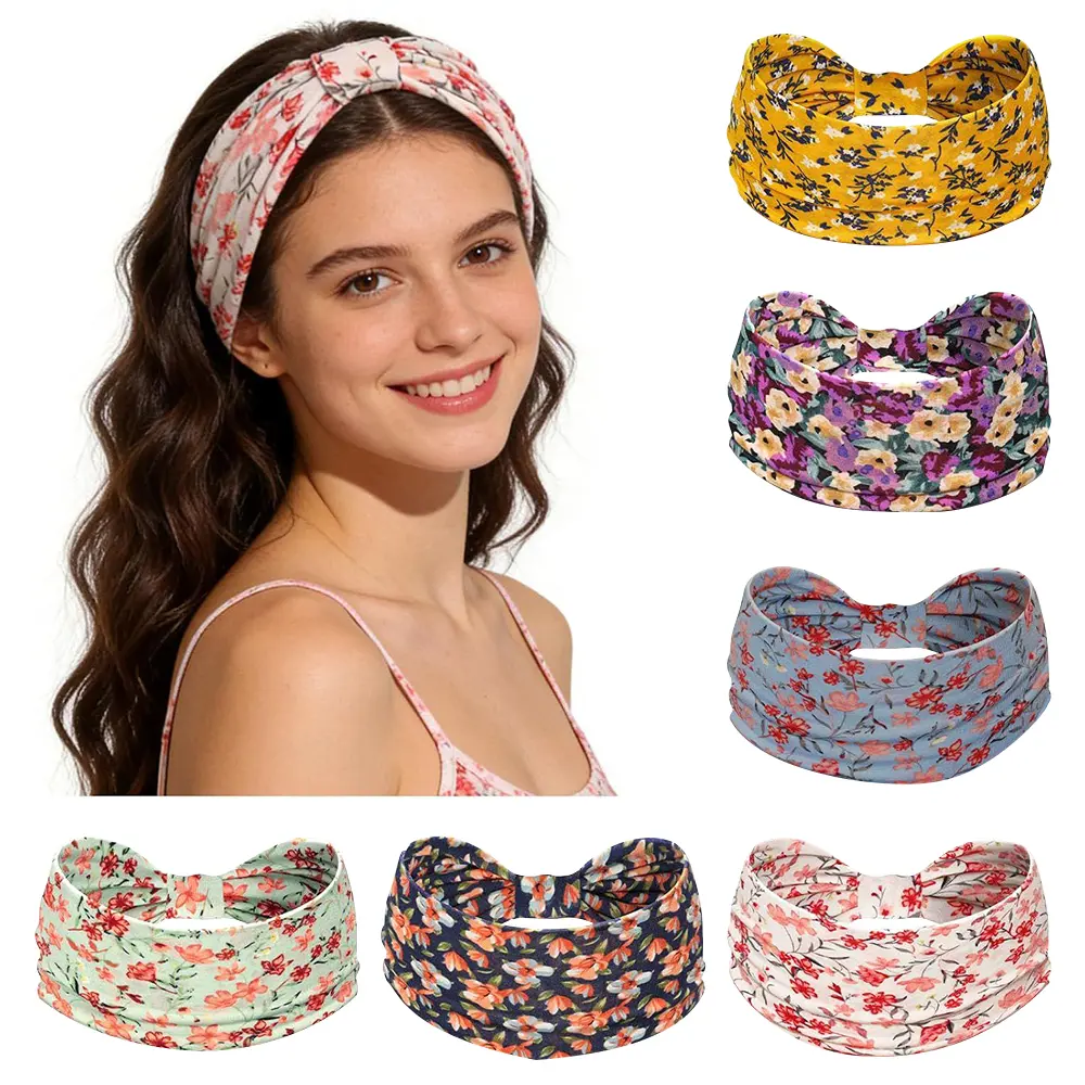 Wide Headbands for Women Knotted No Slip Head Bands Soft Turban Headband Hair Accessories Boho African Solid Color Head Wraps for Women Yoga Workout (Floral purple)