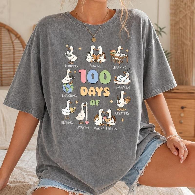 100 Days of School Duck Graphic Tee for Women, Washed Cotton Oversized Teacher Shirt S-5XL