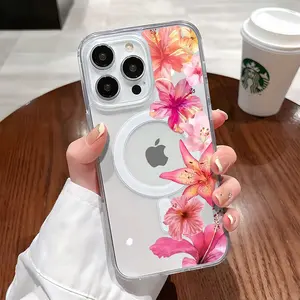 Cute Lilies Flower Pattern Magnetic Clear Compatible with MagSafe Shockproof Protective Phone Case Shockproof for iPhone 17 Pro Max Plus Air/16/15/14/13/12/11 y Samsung Galaxy S21 S22 S23 S24 S25 S26 Ultra Plus