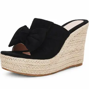 Coutgo Womens Platform Espadrilles Slip On Wedge Sandals Bow Tie Open Toe Slides Shoes Footwear Style Flatform