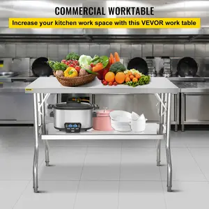 VEVOR Commercial Worktable Workstation 48 x 24 Inch Folding Commercial Prep Table, Heavy-duty Stainless Steel Folding Table with 772 lbs Load, Kitchen Work Table, Silver Stainless Steel Kitchen Island