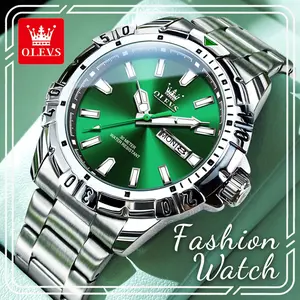OLEVS 5560 Men’s Green Dial Quartz Watch, Waterproof Stainless Steel Wristwatch with Day-Date Display, Classic Casual