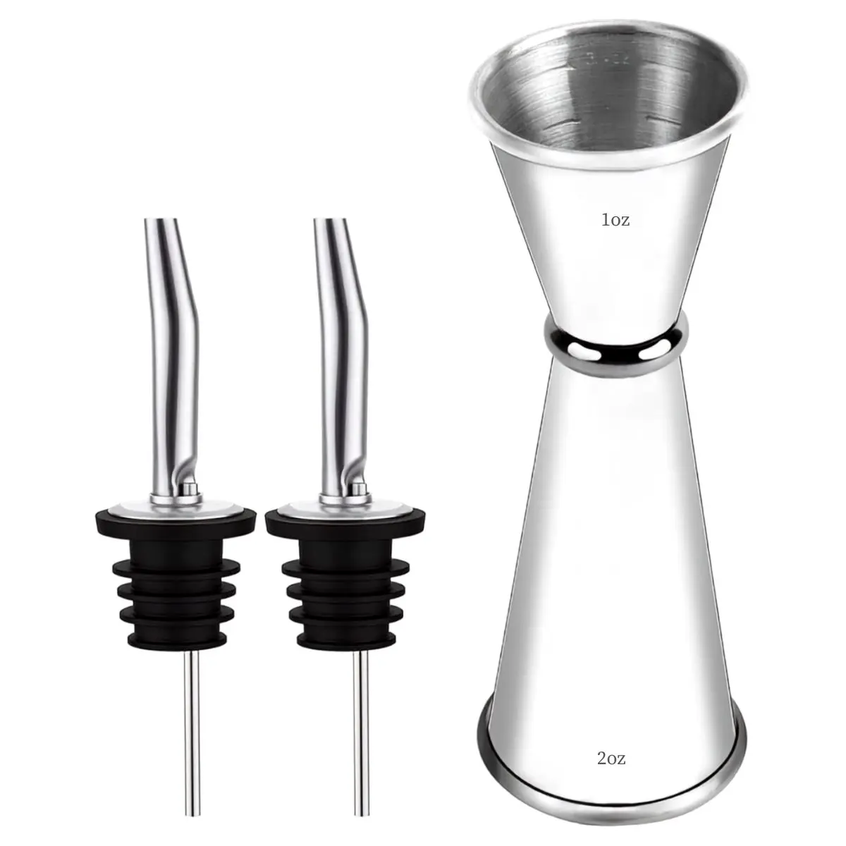 Stainless Steel Bar Jigger Set – 2oz & 1oz Double-Sided Cocktail Measuring Cup with 2 Pourers