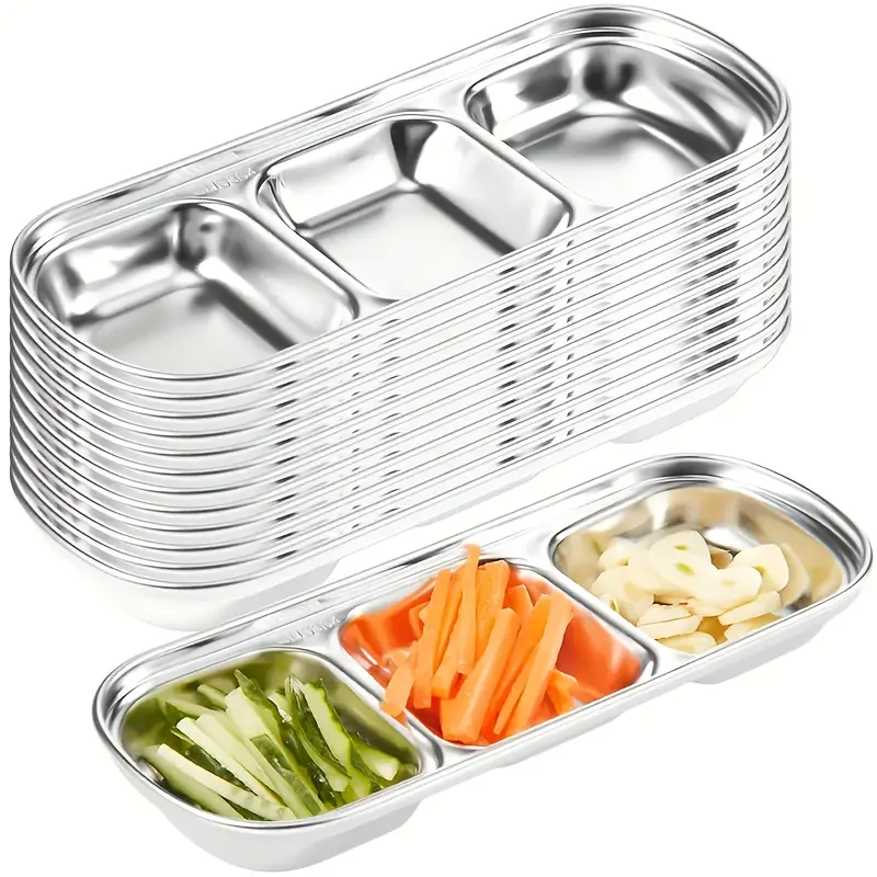 12-Piece Stainless Steel 3-Compartment Dip Bowls - Non-Plastic, Food-Grade, Hygienic Divided Food Containers - Tableware for BBQ Condiments, Spices, Sauces - Home Kitchen Supplies, Non-Plastic Food Containers