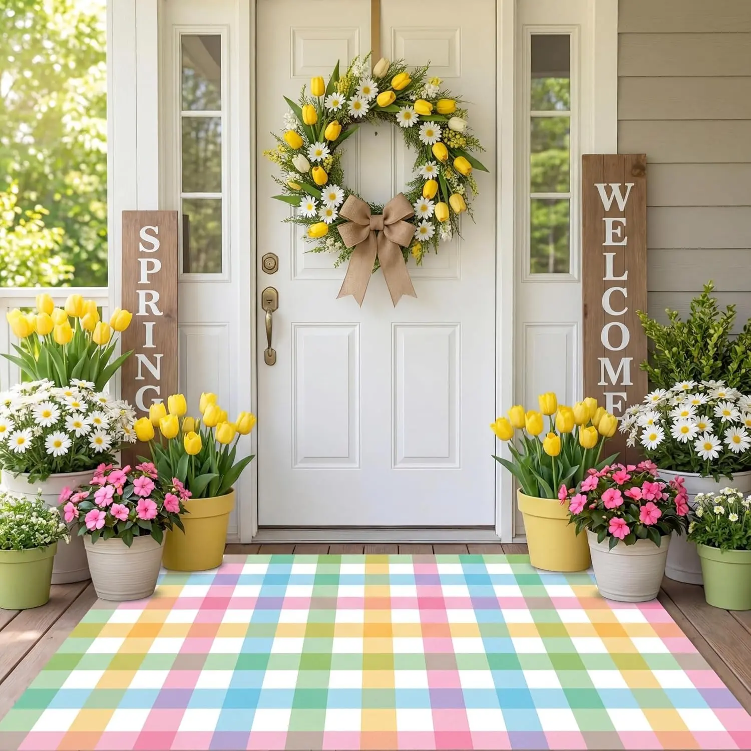 Pastel Checkered Rug, Decorative Area Rug, Colorful front porch doormat, Home Decorative Rugs, Macaron plaid design, Easter Country-Style Floor Mats, Soft comfortable washable, Suitable for doorways, entryways, Easter Spring Decor