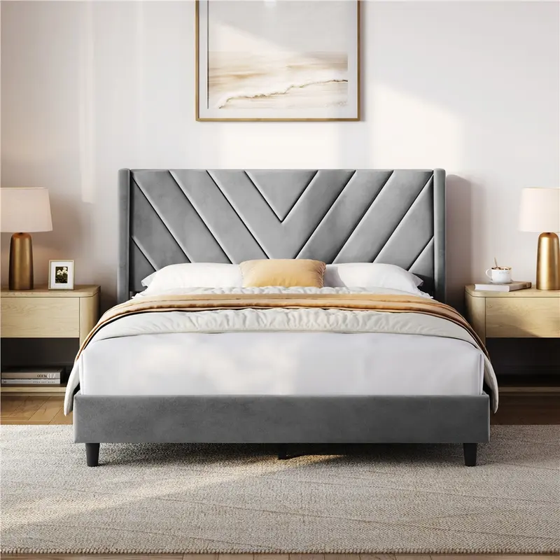 Costoffs Queen Size Upholstered Wingback Bed Frame - Fabric Tufted Upholstered Headboard Platform Bed Frame with 4.5–4.7" Wooden Slats Base Support, Fits Latex, Foam, or Spring Mats, Simplifies Setup, Queen Size Bed Frame