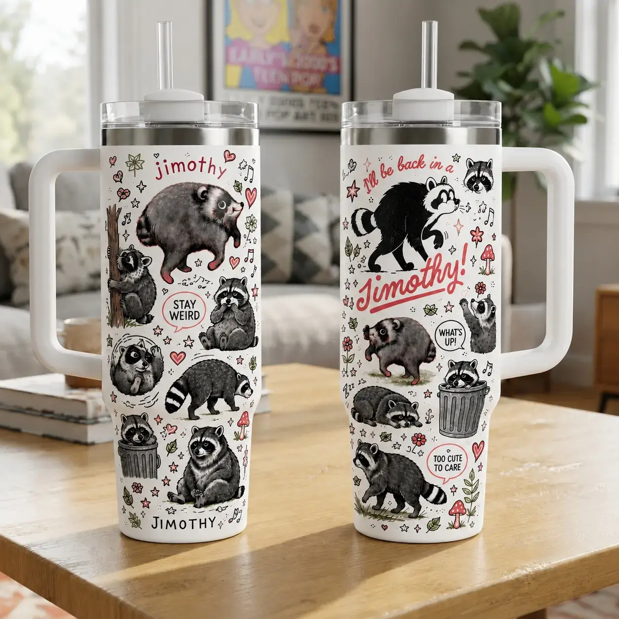 V1 Jimothy Raccoon, Funny Cute Racoon Tumbler 40oz With Handle & Straw, Pickle Rick Fan Gift, Insulated Ice Cup with Straw Double Wall Vacuum Insulated Travel Mug, Eco-Friendly, Gift for Your Health