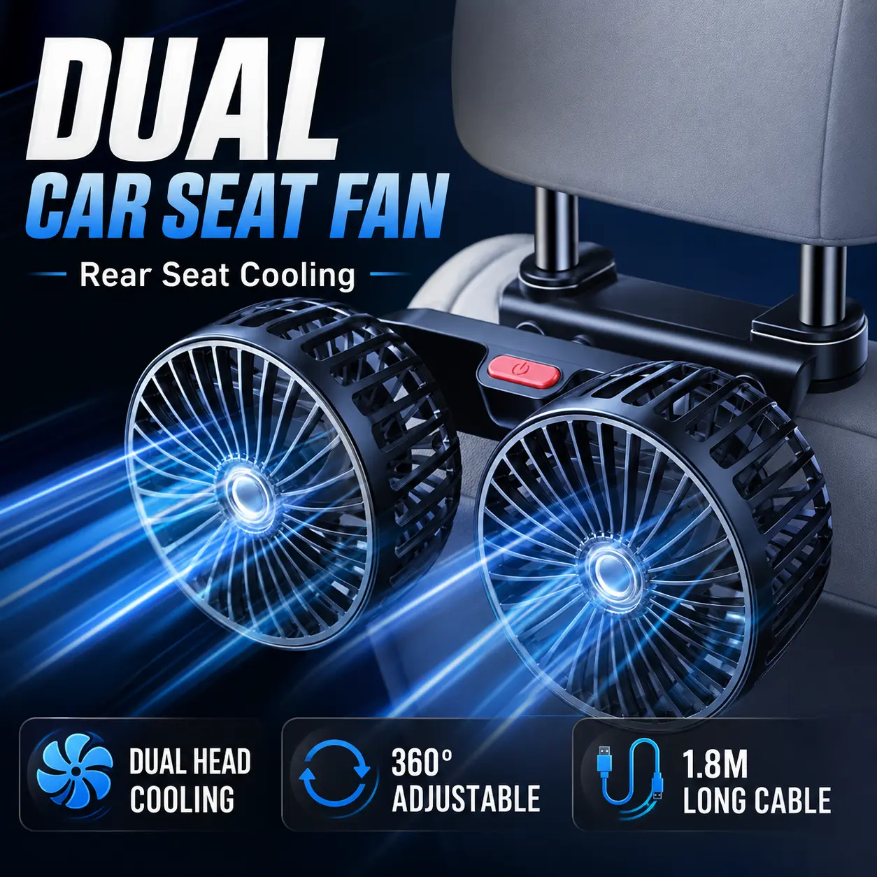 Dual-Head 12V/24V Electric Car Cooling Fan with Adjustable Speed - 360° Rotating Powerful Mute Fan for Backseat