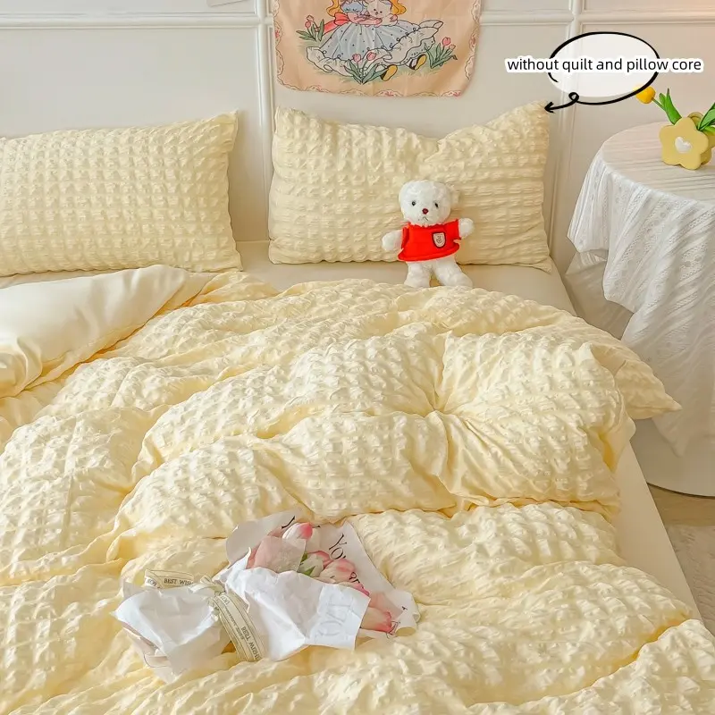3pcs Korean Style white seersucker Duvet Cover Set, 1Pc Duvet cover+2Pcs Pillowcases（without comforter and pillow insert)）100% Polyester, Single Twin Double Queen Size, All Seasons, Comfy Bedding Sets