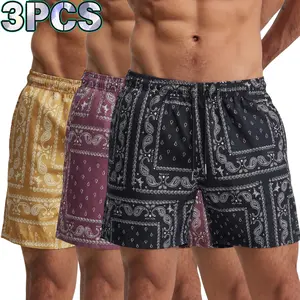 Men’s 3-Pack Bandana Print Shorts – Elastic Drawstring Waist with Side Pockets, Bold Paisley Pattern for Summer Street & Vacation Wear