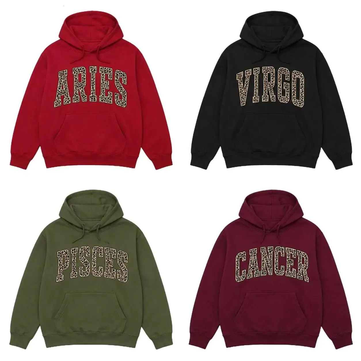 [LEAVE A NOTE OR NOT EST] Full 12 Zodiac Leopard Print Hoodie – Minimalist Astrology Sign Pullover with Optional EST Birth Year, Unisex Horoscope Streetwear Gift for Aries, Virgo, Pisces & Cancer Lovers