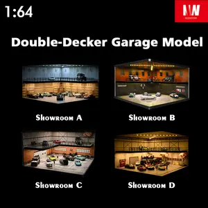 NUEIOVRW 1:64 Double Car Garage Miniature Scene Parking Lot Multi-Color LED Lighting Graffiti Repair Shop for Diecast Car Collection Gift