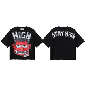 Stay High Graphic Terry Cropped T-Shirt, Unisex Crew Neck Oversized Baggy Cotton Tee, 2026 New Style BKYS Hip-Hop Retro Streetwear, High-Quality Real Photo Vintage Casual Summer Top for Men Women