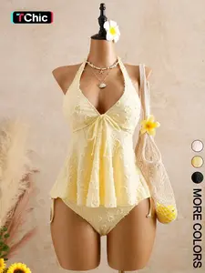 2 Spring Summer Halter Tankini Set Women | Textured Floral Tie Front Flowy Swimsuit | Boho Coquette Style for Beach Vacation Pool Wear