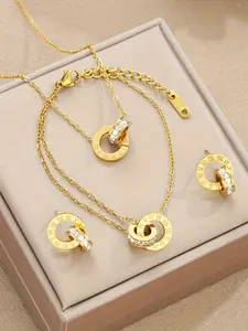 3-Piece Fashion Stainless Steel Rhinestone Roman Numeral Matching Jewelry Set, Necklace Bracelet Earrings, Unisex Casual Style