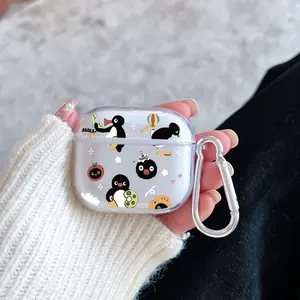 Cartoon Penguin Pattern TPU Soft Protective Case for Apple AirPods 4/3/2/1/Pro/Pro2 Transparent Earphone Cover with Keychain Attachment