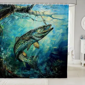 Hunting and Fishing Shower Curtain,Big Pike Fishing  Shower Curtain,Bathroom Accessories with 12 Hooks,Rustic Farmhouse Curtains,72" Wx72" L Washable