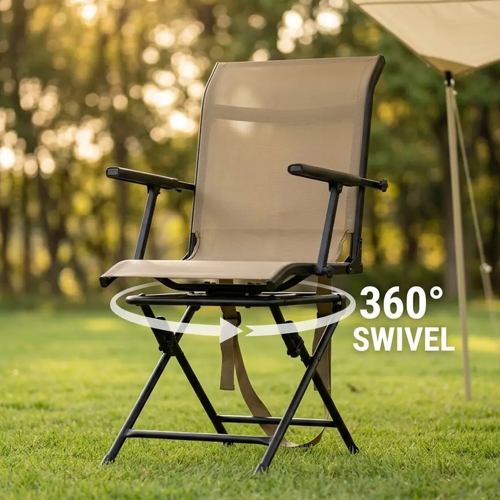 Hunting Foldable Swivel Chair - Steel Outdoor Folding Chairs for Hunters, Compact Portable Seat with Silent 360 Rotation, Heavy-Duty Dark Fabric Blind Seat, 330 lbs Capacity for Fishing, Tailgating, Portable Outdoor Seat