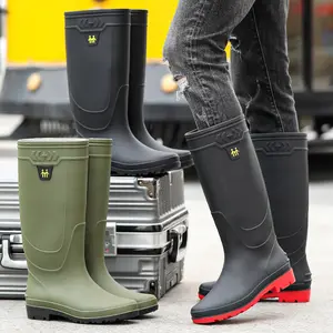 Men's High Top Slip On Water Boots, Non Slip Durable Rain Boots For Outdoor Car Washing Gardening Fishing Boating Rainy Day Walking
