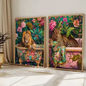 Optional Wooden Frame Bohemian Aesthetic Lion in Bathtub Canvas Print Modern Colorful Dopamine Art Bathroom Wall Art Home Decor