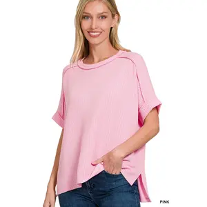 Zenana Women's Raised Rib Cuff Sleeve Raw Edge Top - Pink