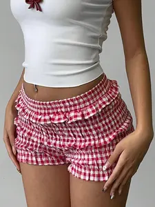 Women's Red & White Gingham Ruffle Trim Casual Shorts, Sweet Countryside Holiday Style, Spring/Summer,For Daily,Office,Outgoing