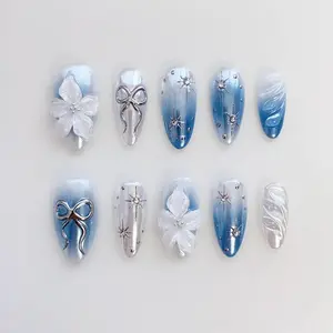 Bloom Floral Silver Chrome Blue Press On Nails Short Almond Nails, Blue Nails