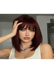 10-inch 99J burgundy women's short bob wig with bangs | Real human hair, 3x1 high-definition lace, 250 density, suitable for all women's daily wear.