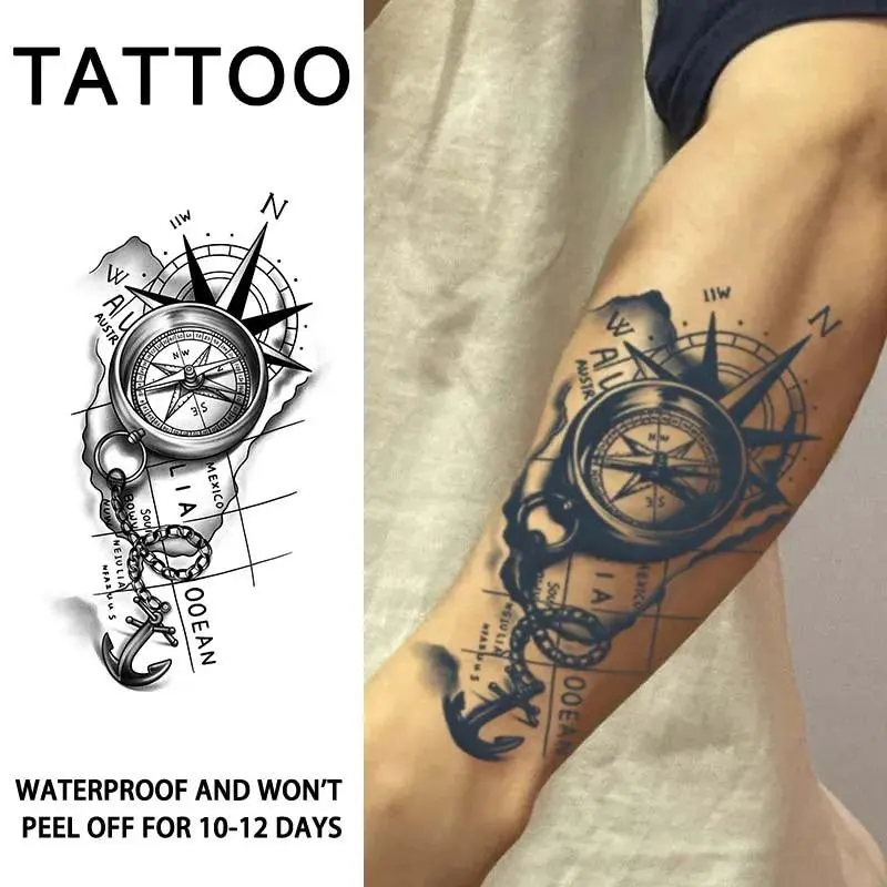 1Pc Compass and anchor navigation waterproof herbal semi permanent tattoo sticker, long-lasting waterproof, lasting for one to two weeks, suitable for arms and legs, Waterproof Temporary Tattoo