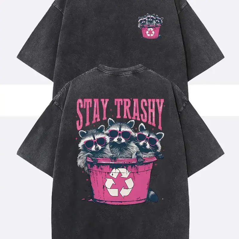 Unisex Stay Trashy Graphic Tee - Heavyweight Washed Black Tee with Pink Raccoon & Bin Design, Relaxed Fit Crew Neck for Summer Festivals, Beach Trips & Ironic Gifts | Eco-Conscious Humor