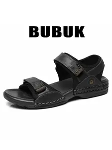 BUBUK Men's Genuine Leather Sports Sandals, Trending Sandals, Outdoor Beach Shoes, Top Quality Cowhide, Comfortable Toe-Exposed Design, Indoor & Outdoor Casual Wear, Footwear Slides, Slip On Slides