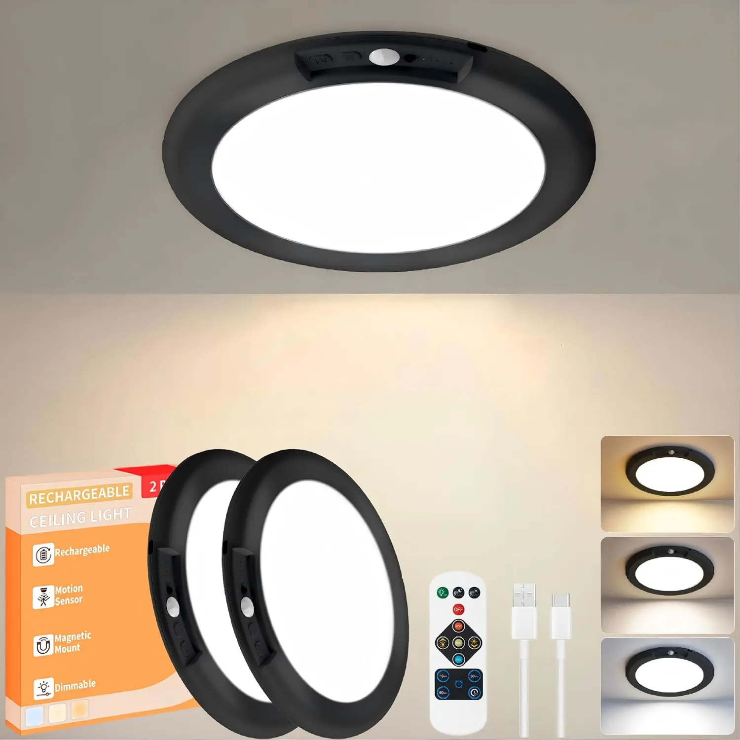 GIVRYES Rechargeable Ceiling Light 2-Pack, 3 Color Modes, Motion Sensor with Remote, Wireless Battery-Operated Magnetic LED Lights for Shower, Closet, Pantry, Shed, Hallway, Porch, Garage summergarden