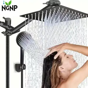 Shower head,  8/10 inch pressurized shower set, adjustable telescopic arm, 5 modes handheld showerhead, equipped with 11inch telescopic adjustment rods, matte black