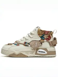 Men's Beige-Brown Bear Print High-Top Sneakers Trendy Cute Casual Style Cartoon Print Platform Design Logo Decor Eye-Catching Style Comfortable Fit Daily Commuting Street Wear fashion sneakertok everydayshoes Trainer