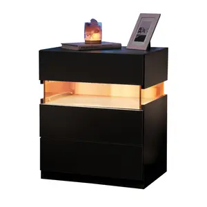 LED Nightstands 3 Drawer Dresser for Bedroom End Table with Acrylic Board LED Bedside Tables for Bedroom Living Room Bedside Furniture (Black), side table, bedside furniture, side table with drawers and shelves, suitable
