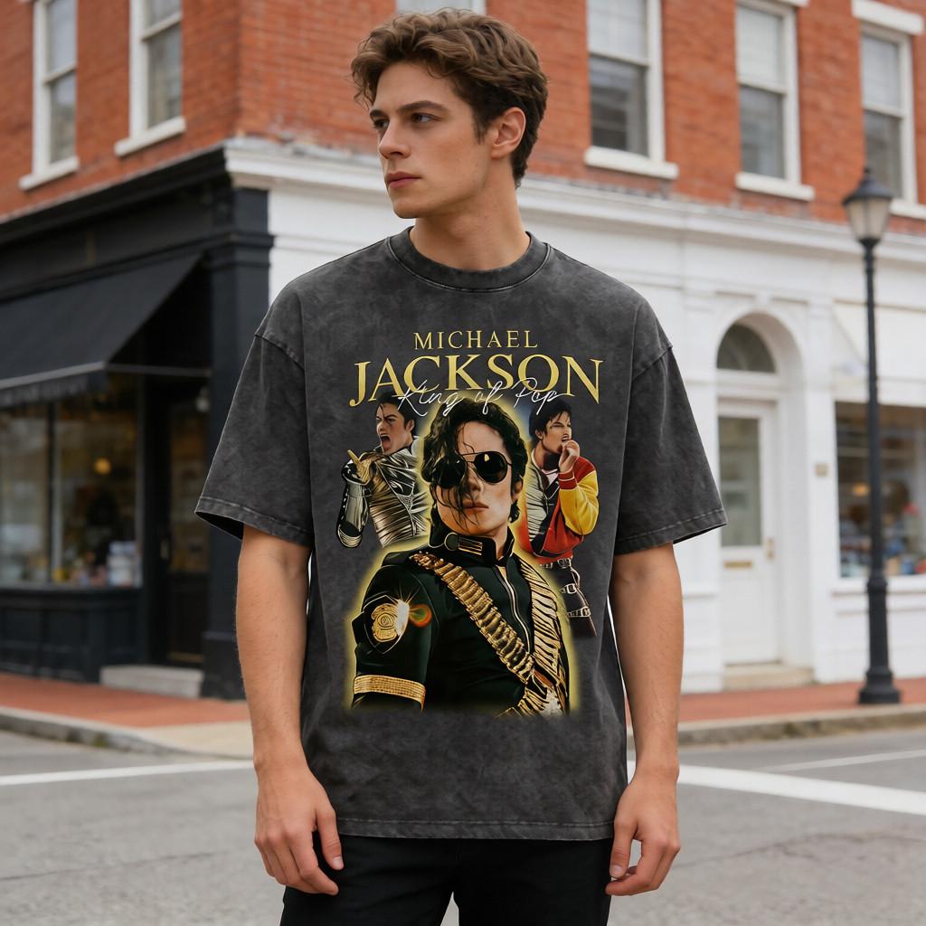 Michael Jackson King of Pop Vintage 260g Heavy Cotton Washable Direct Spray Graphic T-Shirt for Men Bull Casual Menswear