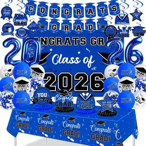 Graduation Decorations 2026, Class of 2026 Backdrop, Banner, 2026 Foil Balloons, Tablecloth, Hanging Swirls, Honeycomb Centerpieces, Party Supplies Decorations Set for College (BLUE)