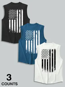 Men's Summer Casual Sleeveless Vest, Athletic Outdoor Vests, Flag Series Graphic Print, Outdoor Sports Wear, Daily Versatile, Sporty Vest, 3 Pack Set