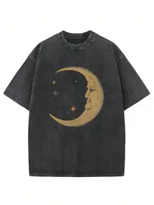 Vintage Washed Print T Shirt Moon Face Stars Gold Embroidery Round Neck Short Sleeve Oversized Relaxed Fit Straight Hem Graphic Design
