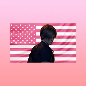 Pink American Flag Leon S Kennedy Tapestry, Leon S Kennedy Wall Art, Resident Evil Room Decor, Gamer Bedroom Tapestry, Horror Game Wall Hanging, Dorm Decor Banner, Gaming Fan Gift, Pink Flag Tapestry, Survival Horror Decor
