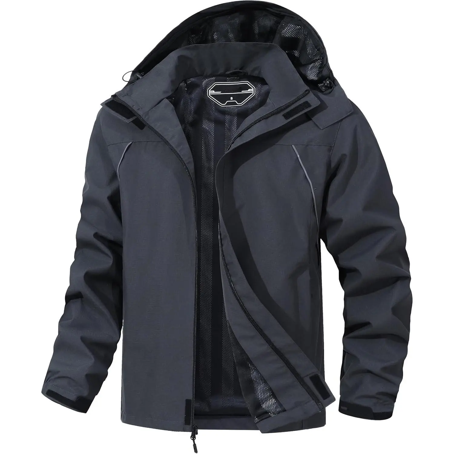 Men's Waterproof Polyester Windbreaker Coat - Long Sleeve Loose-Fitting Casual Tops, Lightweight Packable All-Season Rain Jacket with Detachable Hood, Zipper, Breathable Mesh, Inside Pockets, Adjustable Strap for Hiking, Cycling
