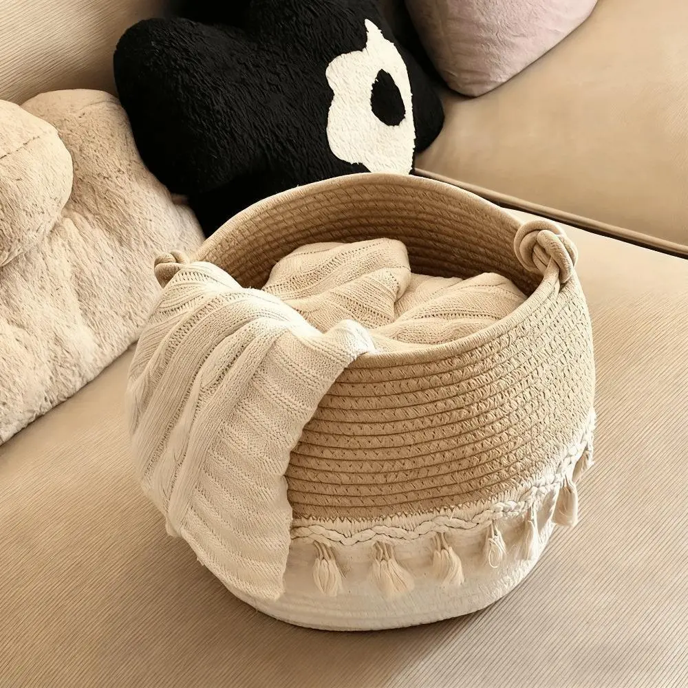 Handmade Cotton Rope Woven Tassel Decorative Laundry Basket Organizer, Woven Baskets for Room & Closet Storage, Ideal for Busy Families, Closet Storage Basket