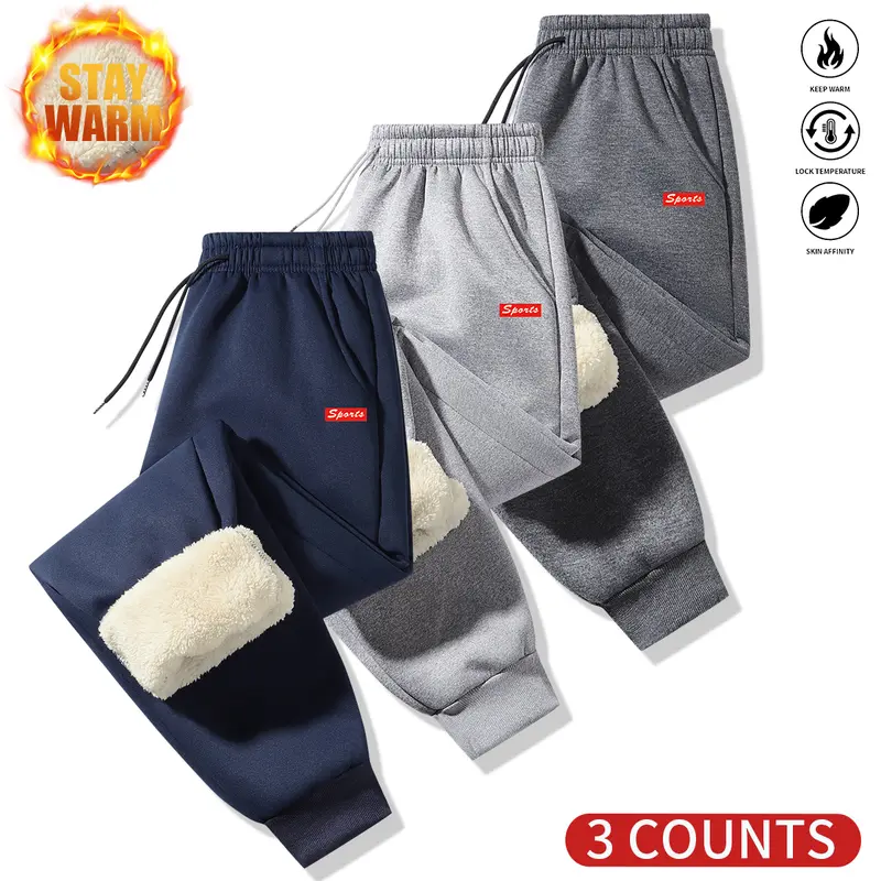 Men's 3-Piece Fitted Polyester Sweatsuit Set - Athletic Activewear Sports Suit, Warm Fleece Core, Thick Inner Lining, Patterned Design, Thermal Cold-Weather Outdoor Bottoms, XXL Size Option