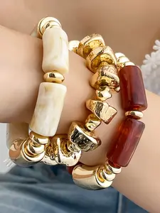 Bohemian Vintage Multi-Layer Acrylic Beaded Bracelet Set with Stones, Women's Handmade Jewelry for All Seasons