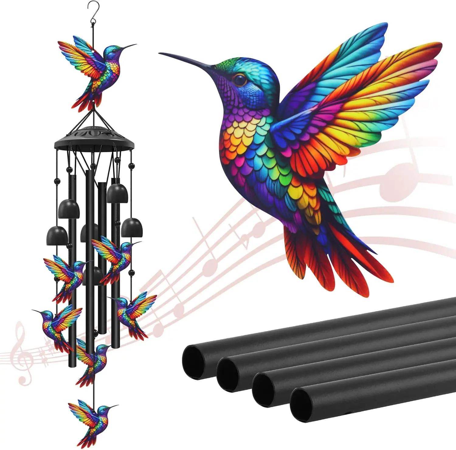 36in Black Metal Artisan Hummingbird Wind Chime with Aluminum Tubes, Waterproof Cord, Tuned Tubes - Durable Whimsical Charm Garden Decor for Outside Porch, Melodious Tone Gift for Father’s Day, Valentine’s Day