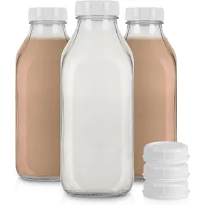 Liter Milk Bottle with Lid (3 Pack) 32 Oz Jugs and 6 White Caps, Reusable Food Milk Container for Refrigerator, for Juice, Oat or Plant Milks,, Honey